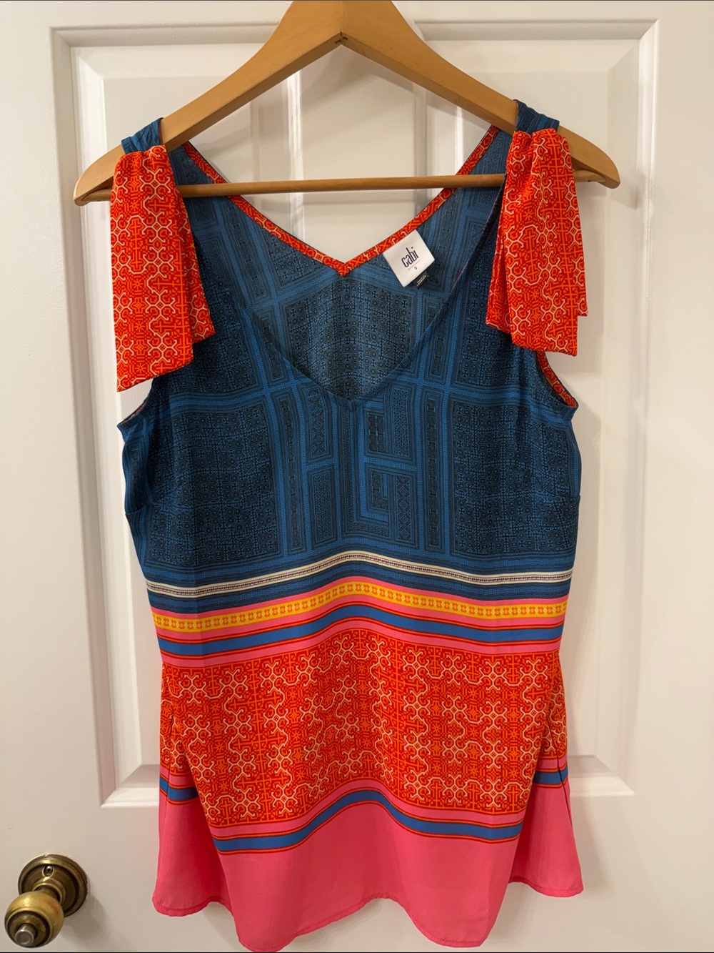 CAbi Blue Tank with Orange Trim and Patterned Print